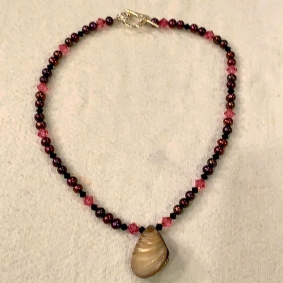 Sterling silver toggle clasp mother of Pearl shell pendant pearl necklace - Picture 3 of 12